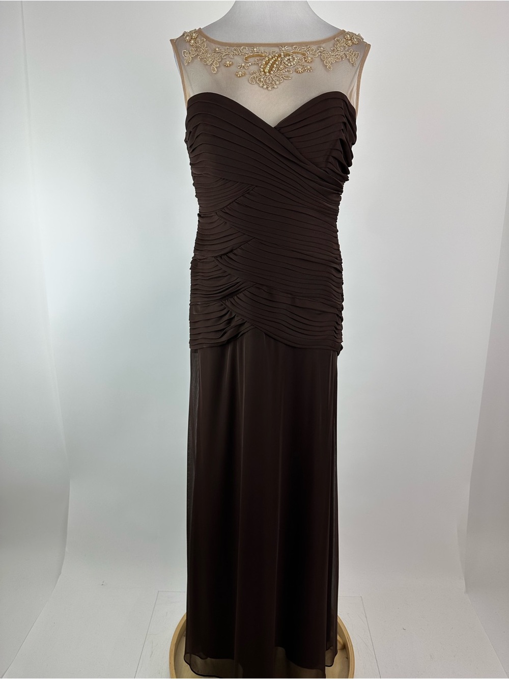 Alex Evenings Brown Gathered Sheer Illusion Occasion Dress Size 12